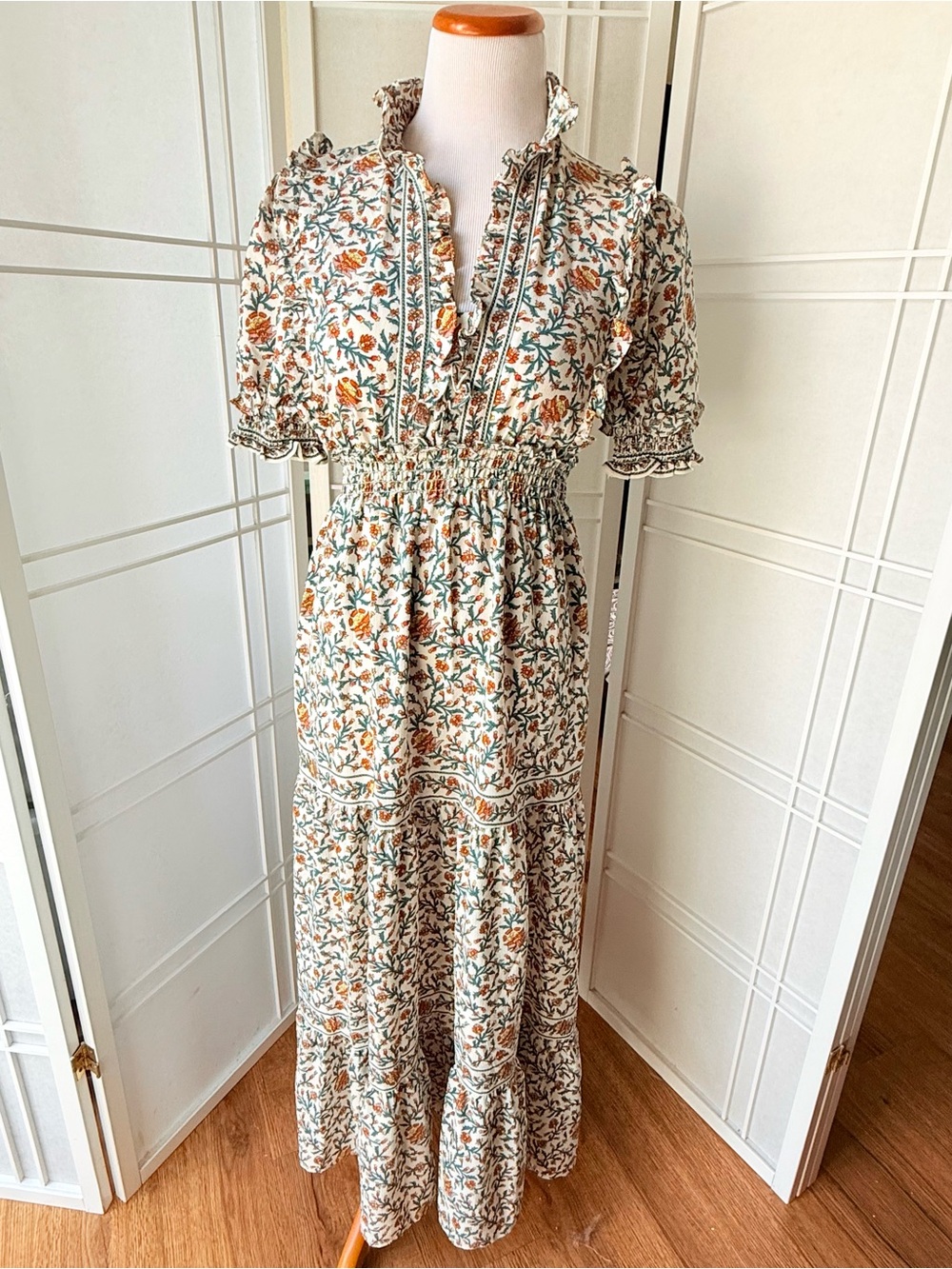 Floral Ruffle Maxi Dress in Cream and Rust